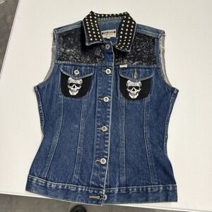 Falmer Jeanswear Pink Floyd The Wall Studded Denim Vest Blue Skulls Small